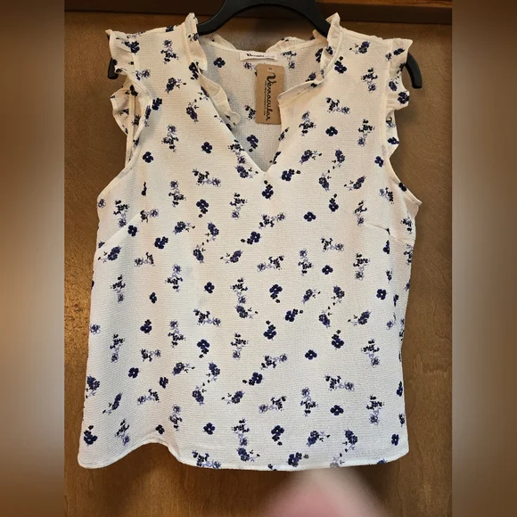 White and Blue Flutter Sleeve Blouse - Picture 1 of 4